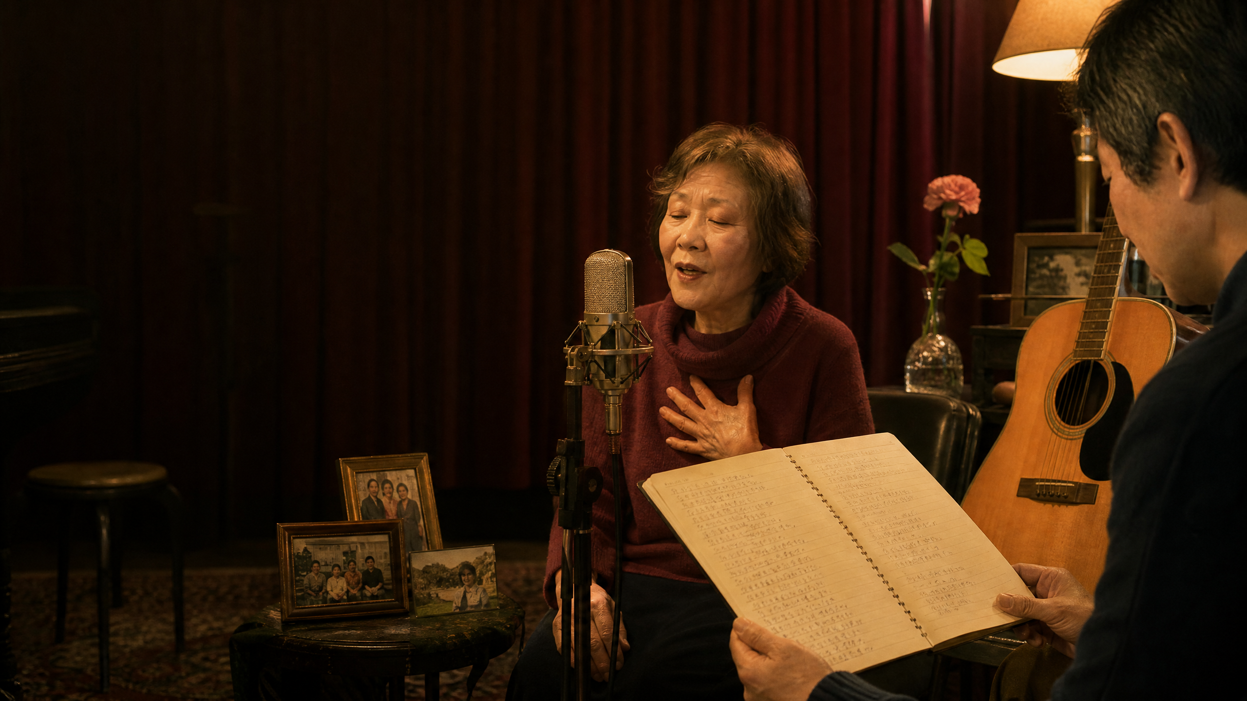 施設で歌のための話を聞き、音楽を作る場面