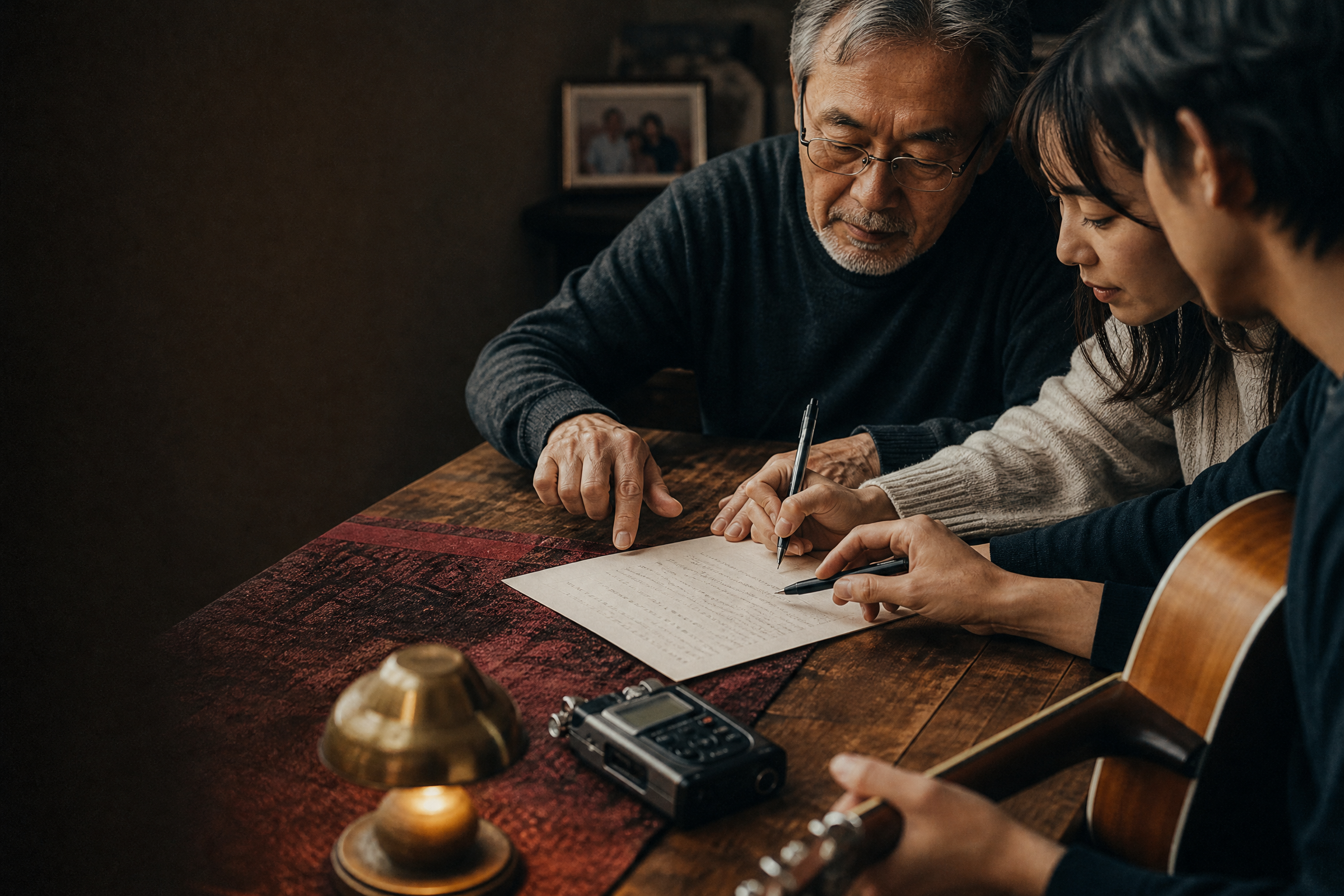 聞いた記憶から歌詞を作るノートと楽器